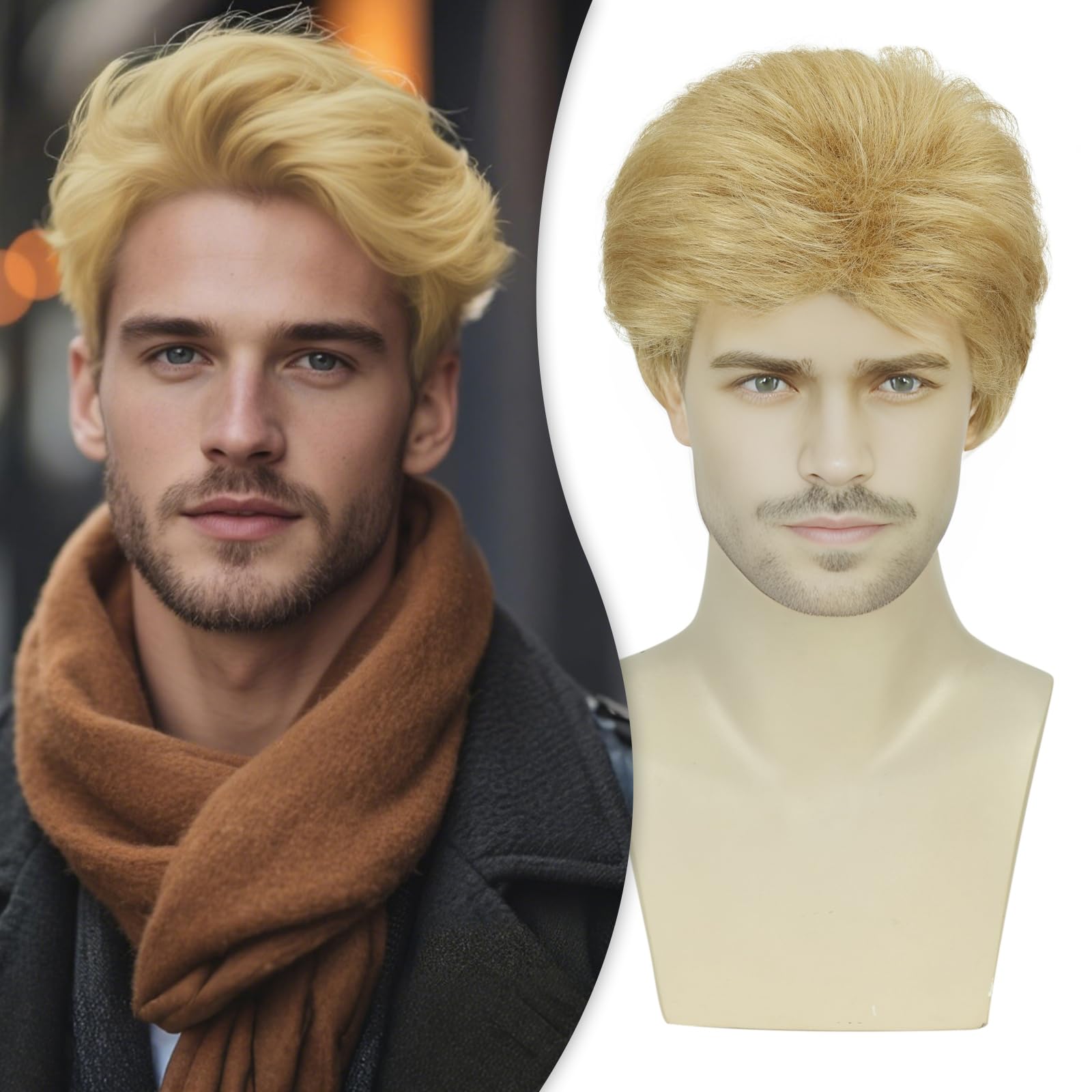 YAOARA Mens Short Blonde Wig Men's Curly Layered Natural Fluffy Synthetic Hair Wig Heat Resistant Halloween Costume Cosplay Wig for Men Hair Replacement Wigs Daily Use YAOARA Mens Short Blonde Wig Men's Curly Layered Natural Fluffy Synthetic Hair Wig Heat Resistant Halloween Costume Cosplay Wig for Men Hair Replacement Wigs Daily Use